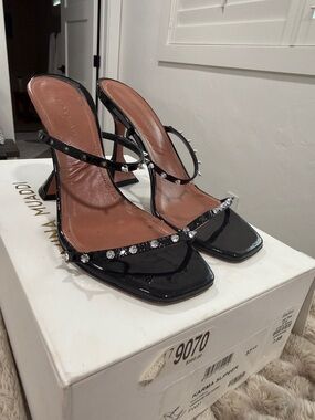Amina Muaddi Black Patent KARMA SLIPPER Crystal Strap Heels